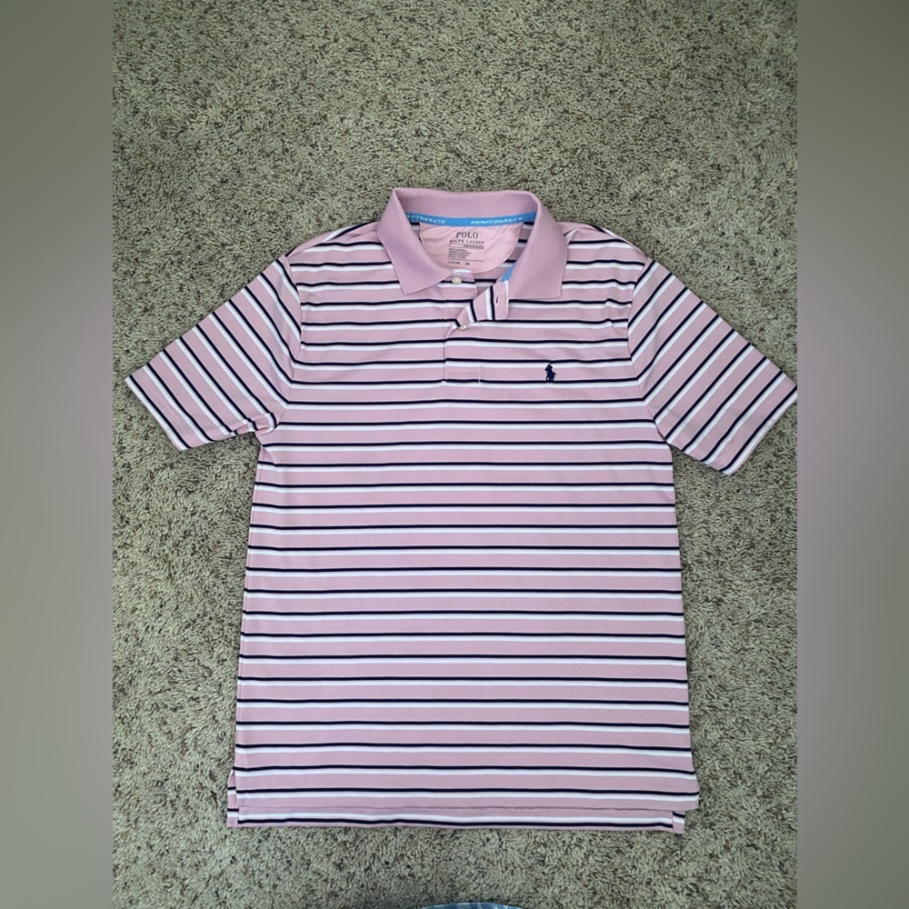 Polo Ralph Lauren Performance Boys Pink Stripe Short Sleeve Polo Shirt L 14/16